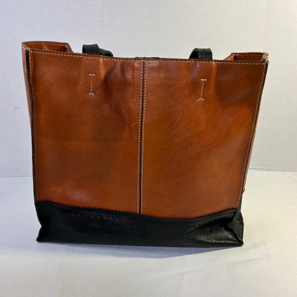 Patricia Nash Two Tone Leather Tote Bag Cognac Brown Black Brogue Detail